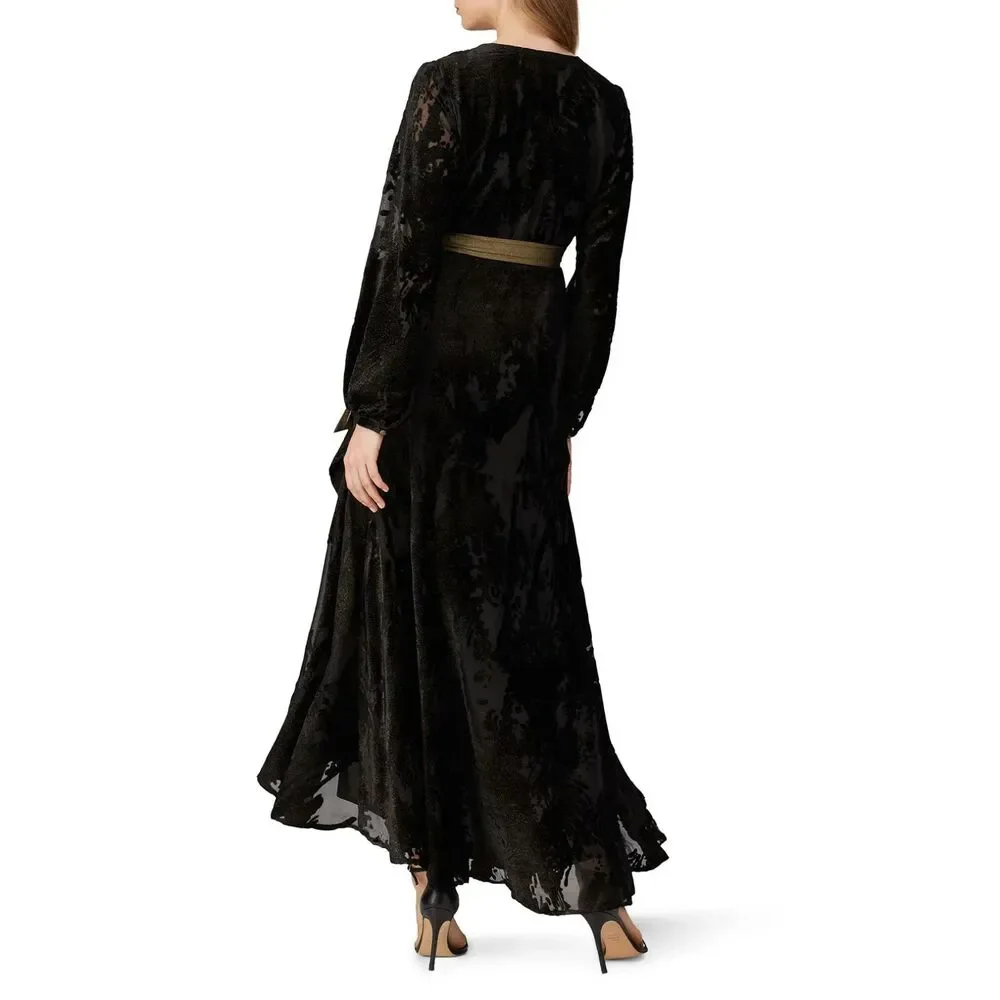 Hutch Black Burnout Velvet Wrap Maxi Dress Metallic Sash Hi-Low Hem Size M - Picture 3 of 12